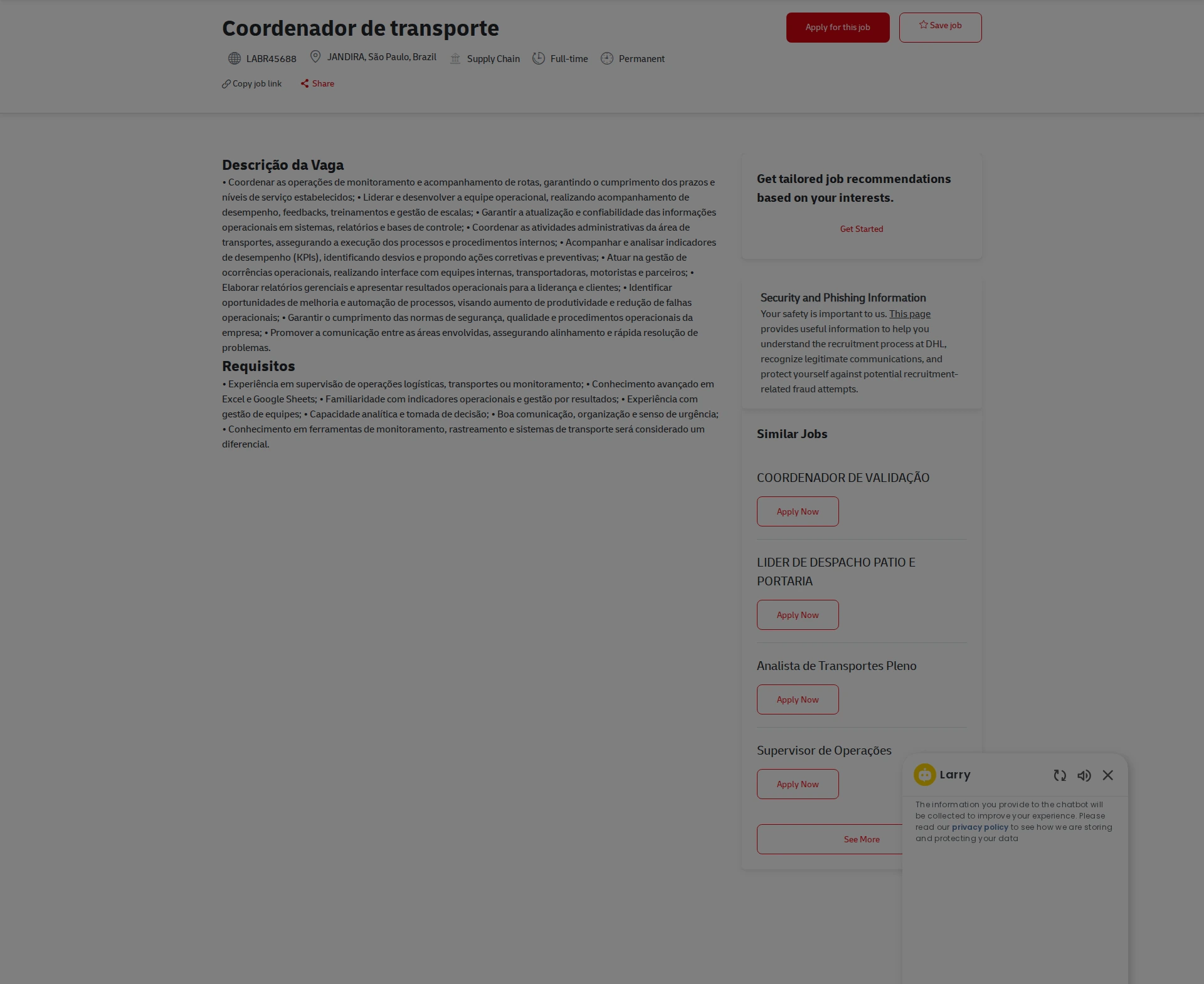 DHL Coordenador de transporte 채용공고