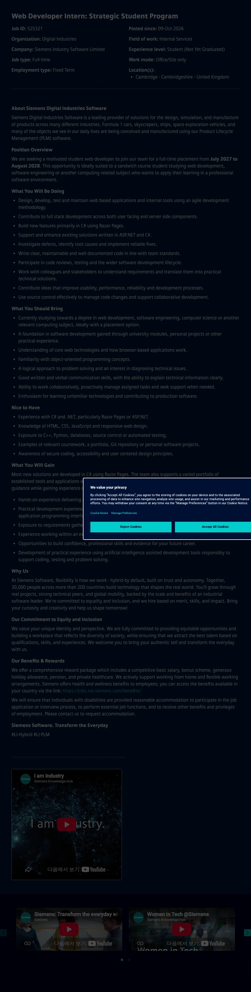 지멘스 Web Developer Intern: Strategic Student Program 채용공고