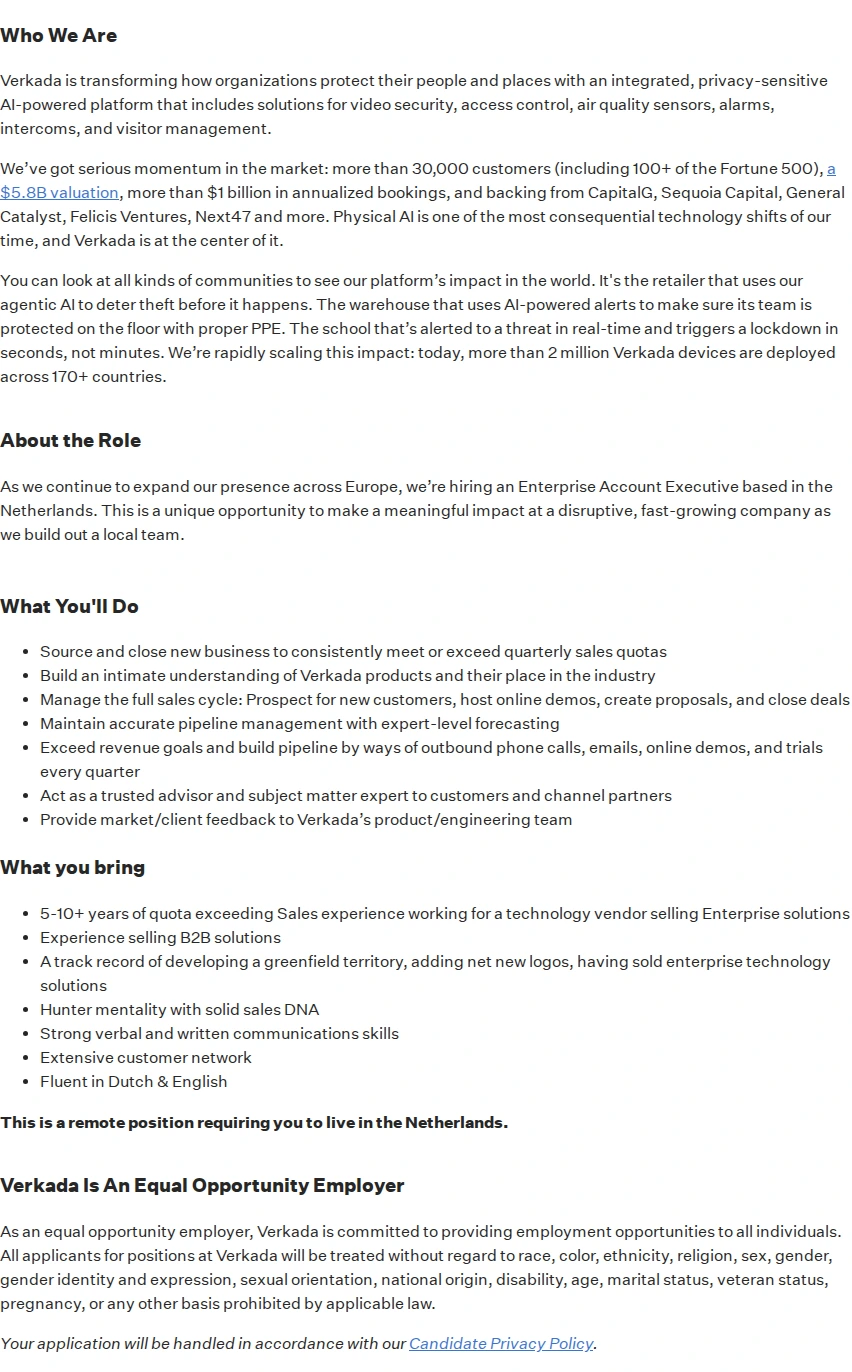버카다 Enterprise Account Executive - Netherlands 채용공고