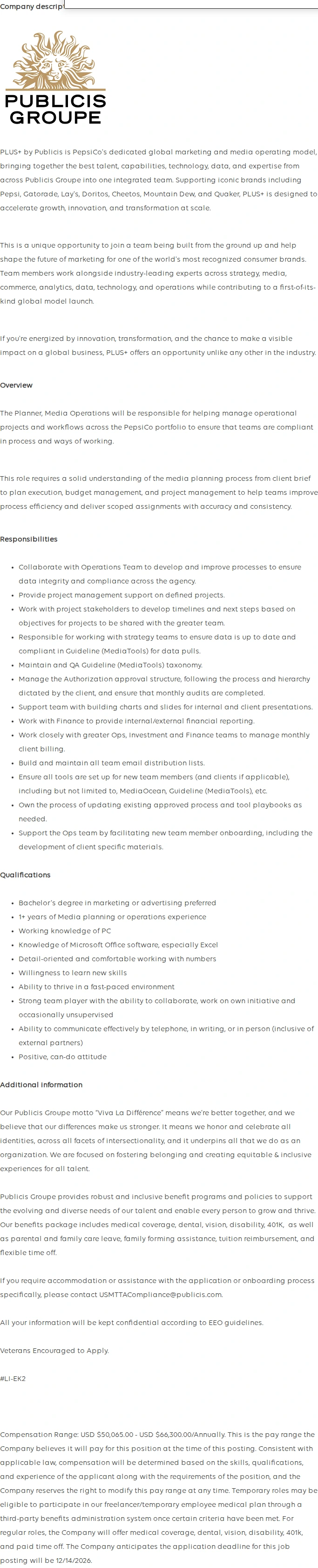 Publicis Groupe Planner, Media Operations 채용공고