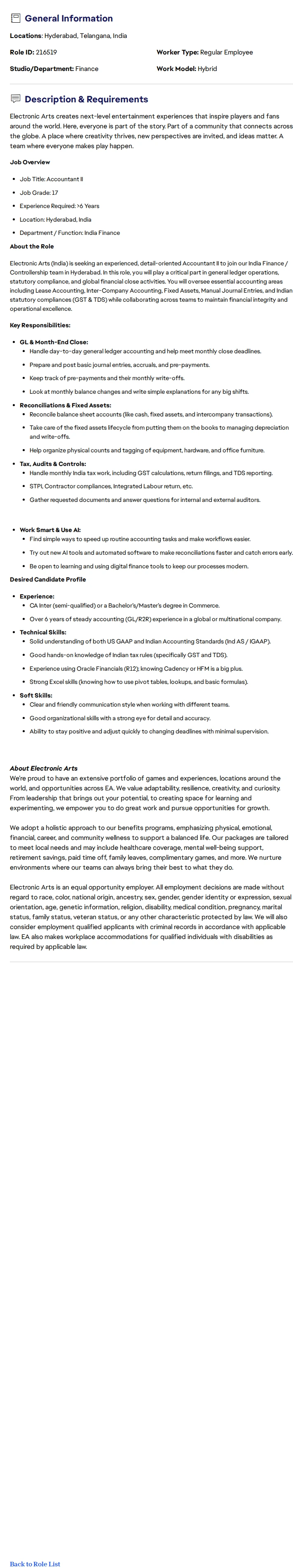 ElectronicArts Accountant II, Controllership 채용공고