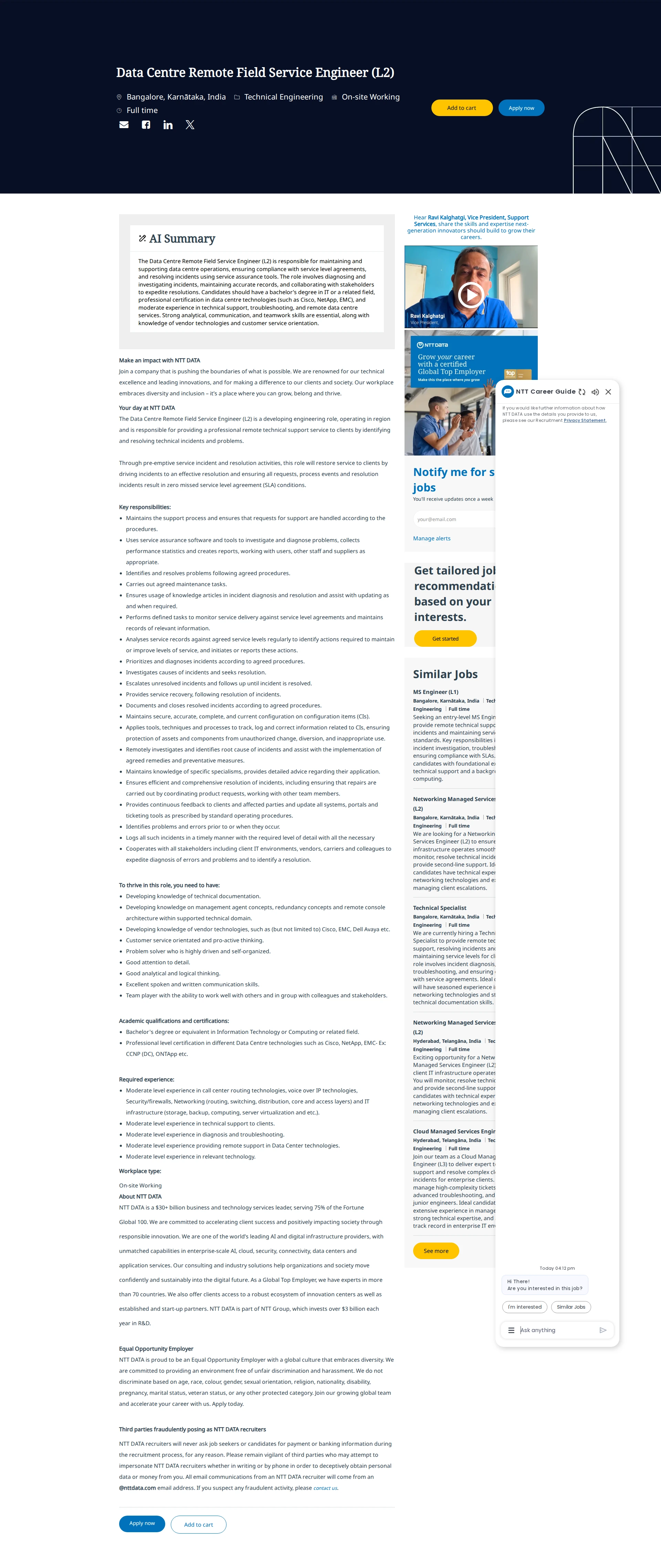 NTT데이터 Data Centre Remote Field Service Engineer (L2) 채용공고