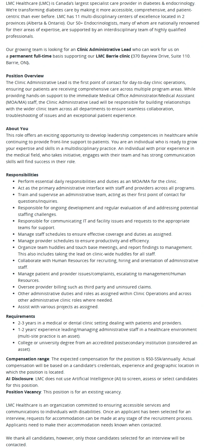 LMC Healthcare Clinic Administrative Lead 채용공고