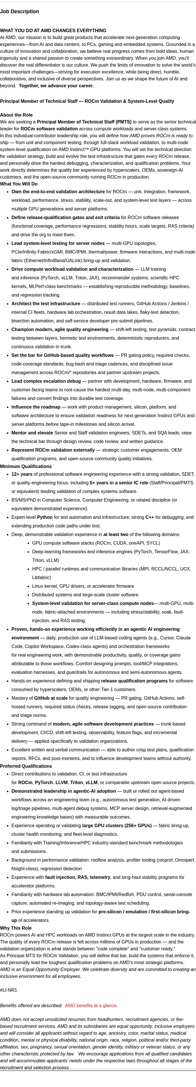 AMD Staff/Principal Engineer - AI/ML & System-Level Validation 채용공고