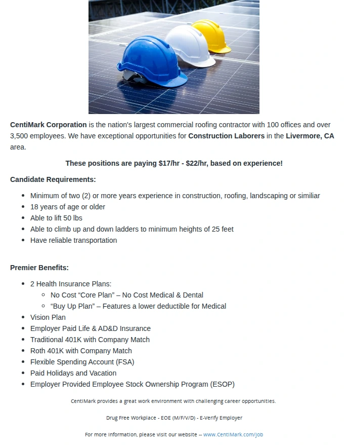 CentiMark Corporation Construction Laborers 채용공고