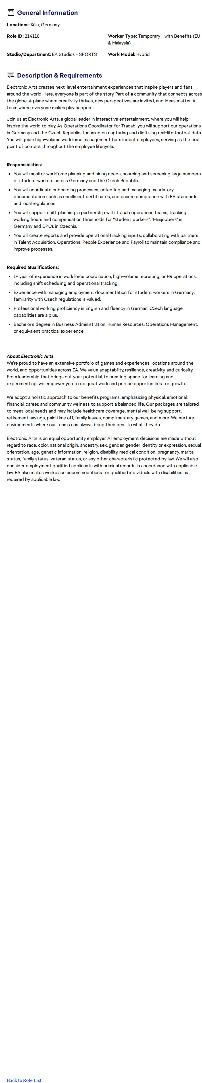 ElectronicArts Operations Coordinator (12 months contract) 채용공고