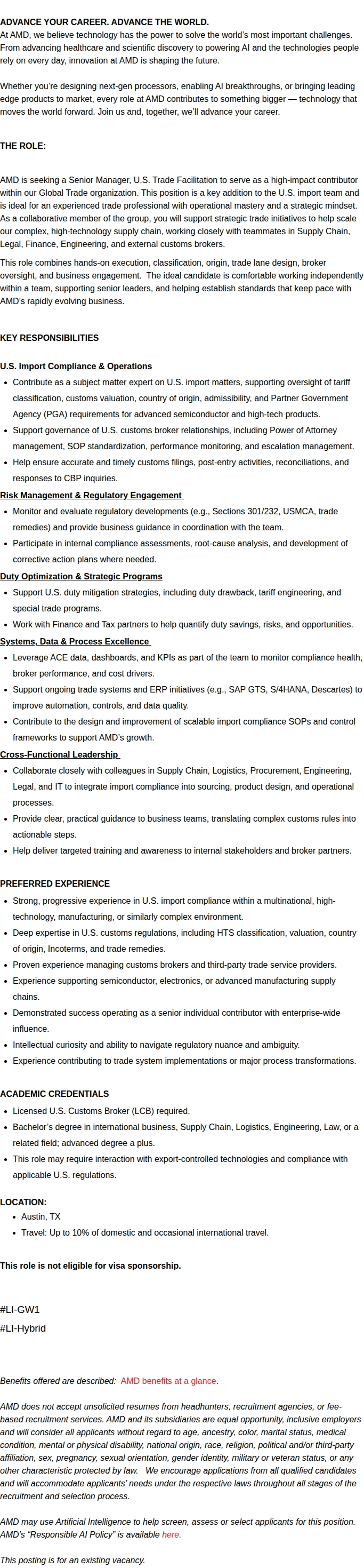 AMD Sr. Manager, Trade Facilitation (IC) 채용공고