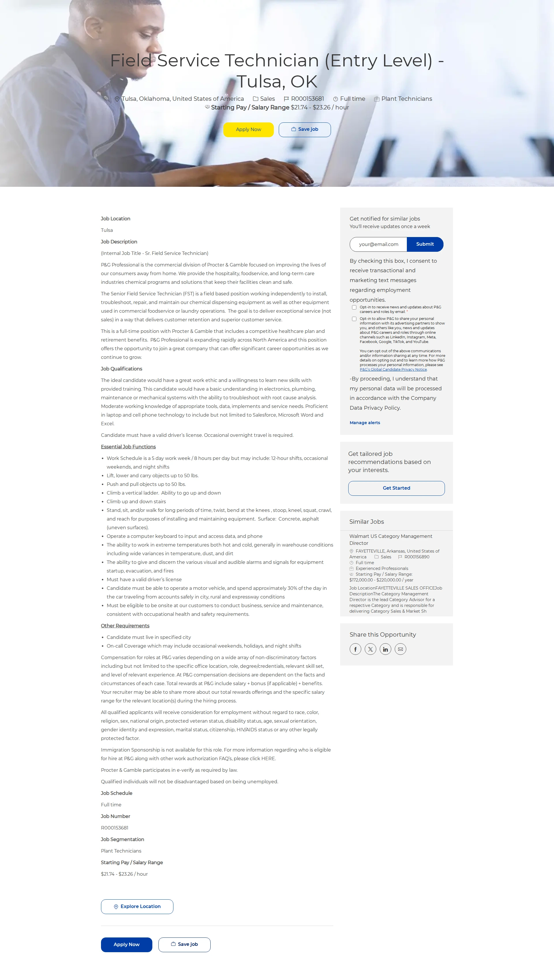 P&G Field Service Technician (Entry Level) - Tulsa, OK 채용공고