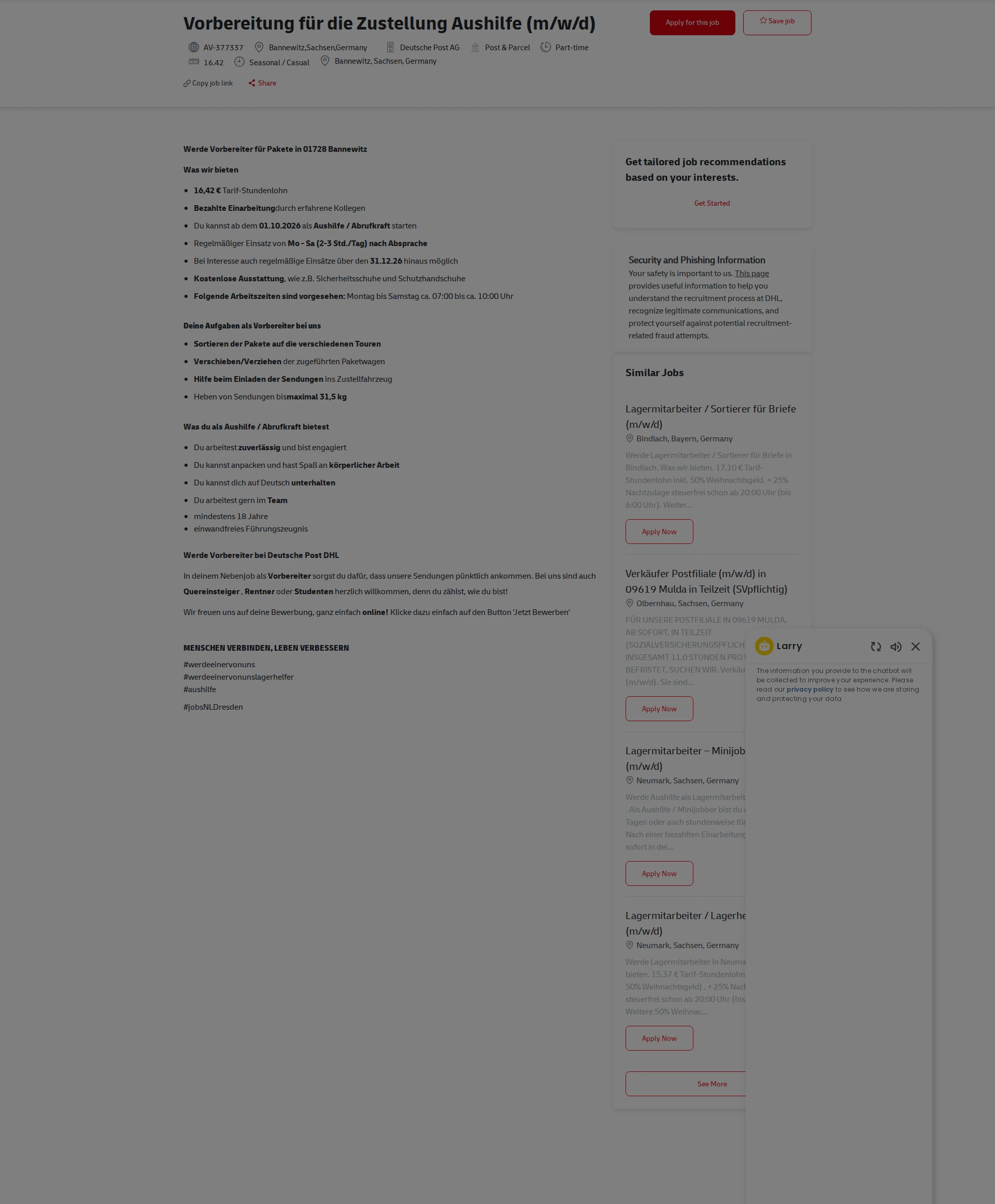 DHL Vorbereitung für die Zustellung Aushilfe (m/w/d) 채용공고