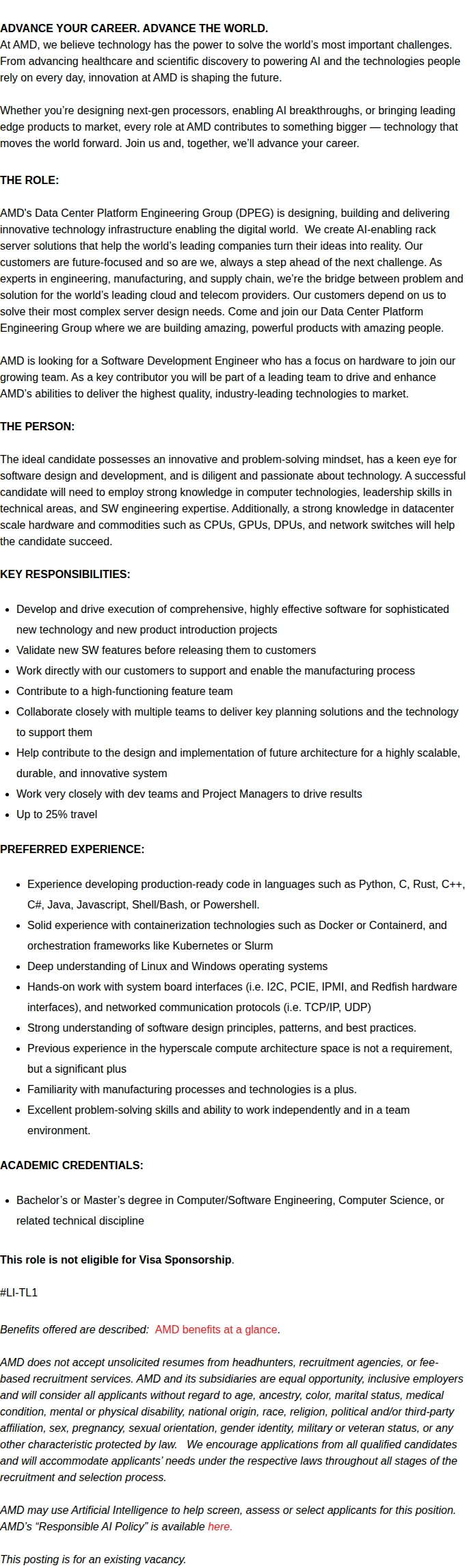 AMD Sr. Software Development Engineer 채용공고