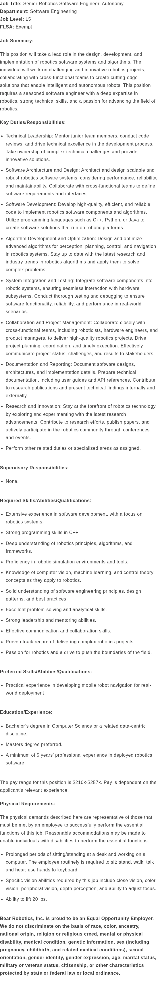 베어로보틱스 Senior Robotics Software Engineer, Autonomy 채용공고