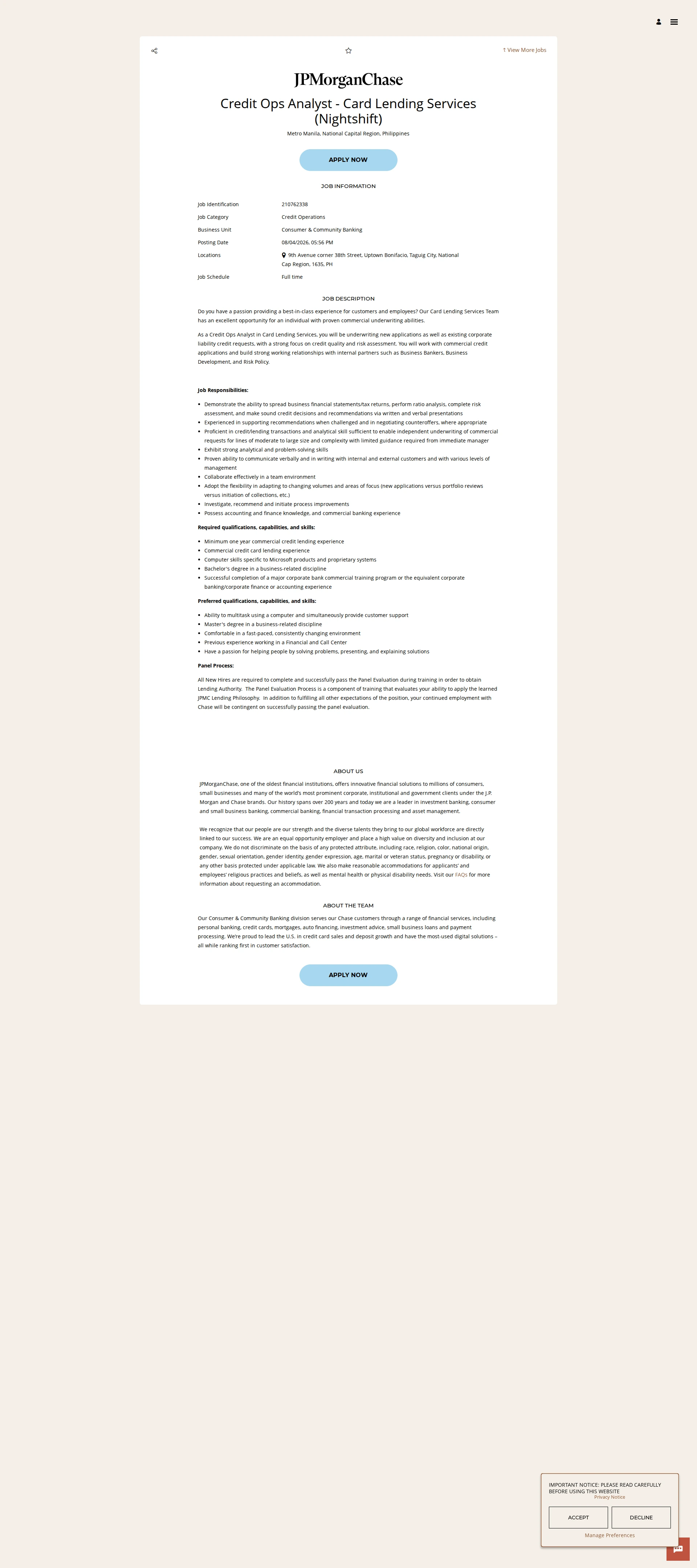 JPMorganChase Credit Ops Analyst - Card Lending Services (Nightshift) 채용공고