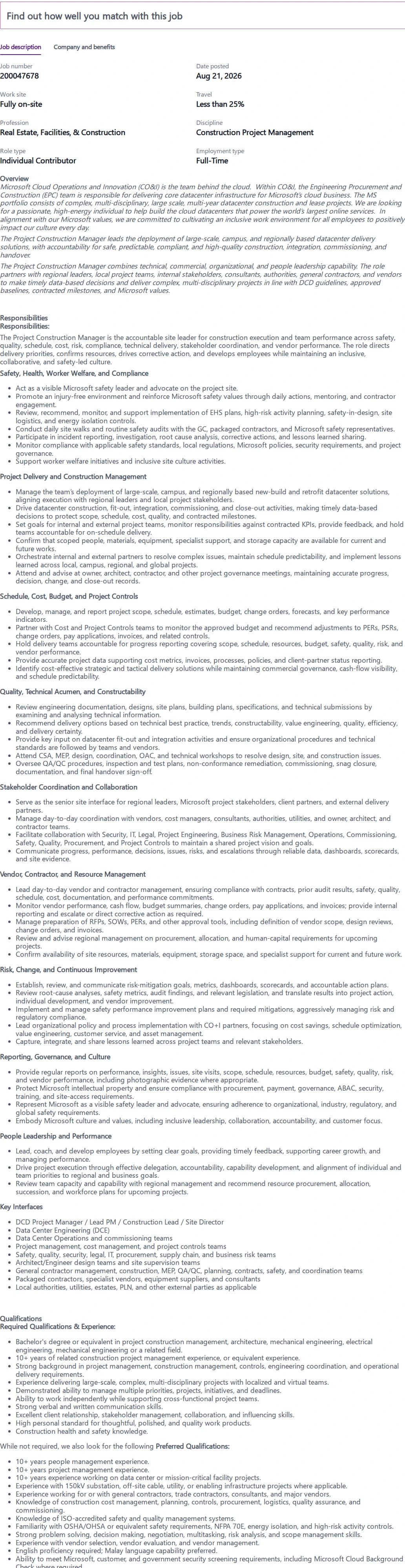 마이크로소프트(Microsoft) CONSTRUCTION PROJECT MANAGER 채용공고