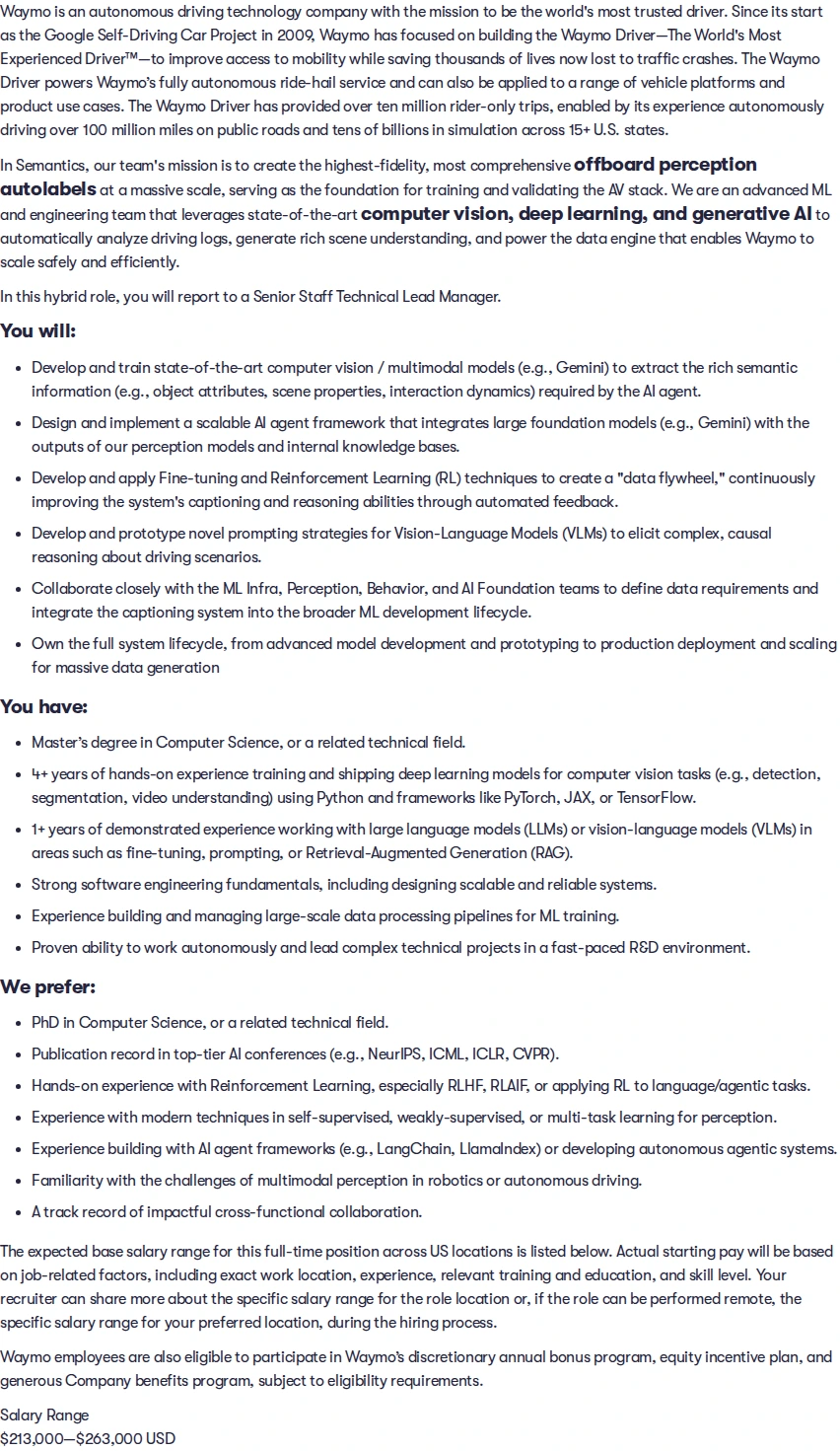 웨이모 Senior Machine Learning Engineer, Computer Vision/VLM 채용공고
