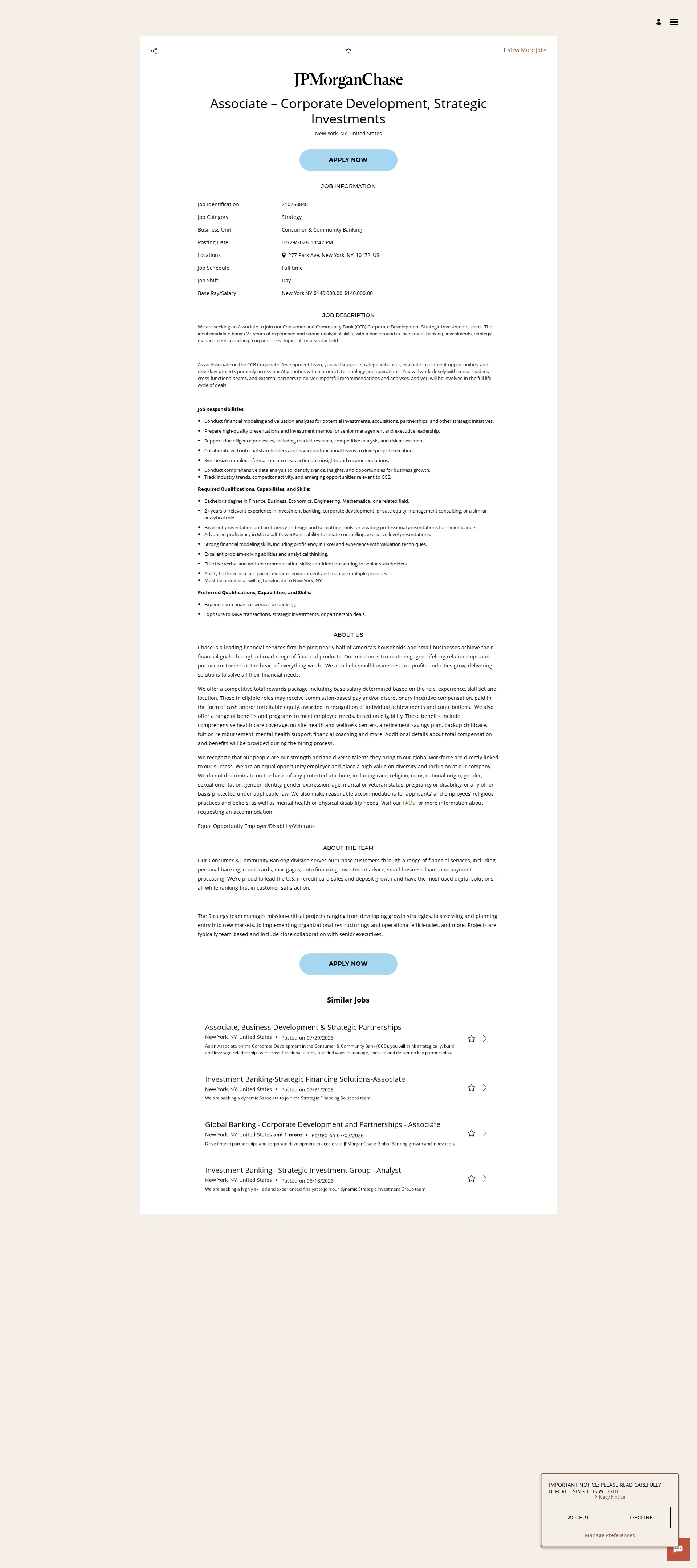 JPMorganChase Associate – Corporate Development, Strategic Investments 채용공고