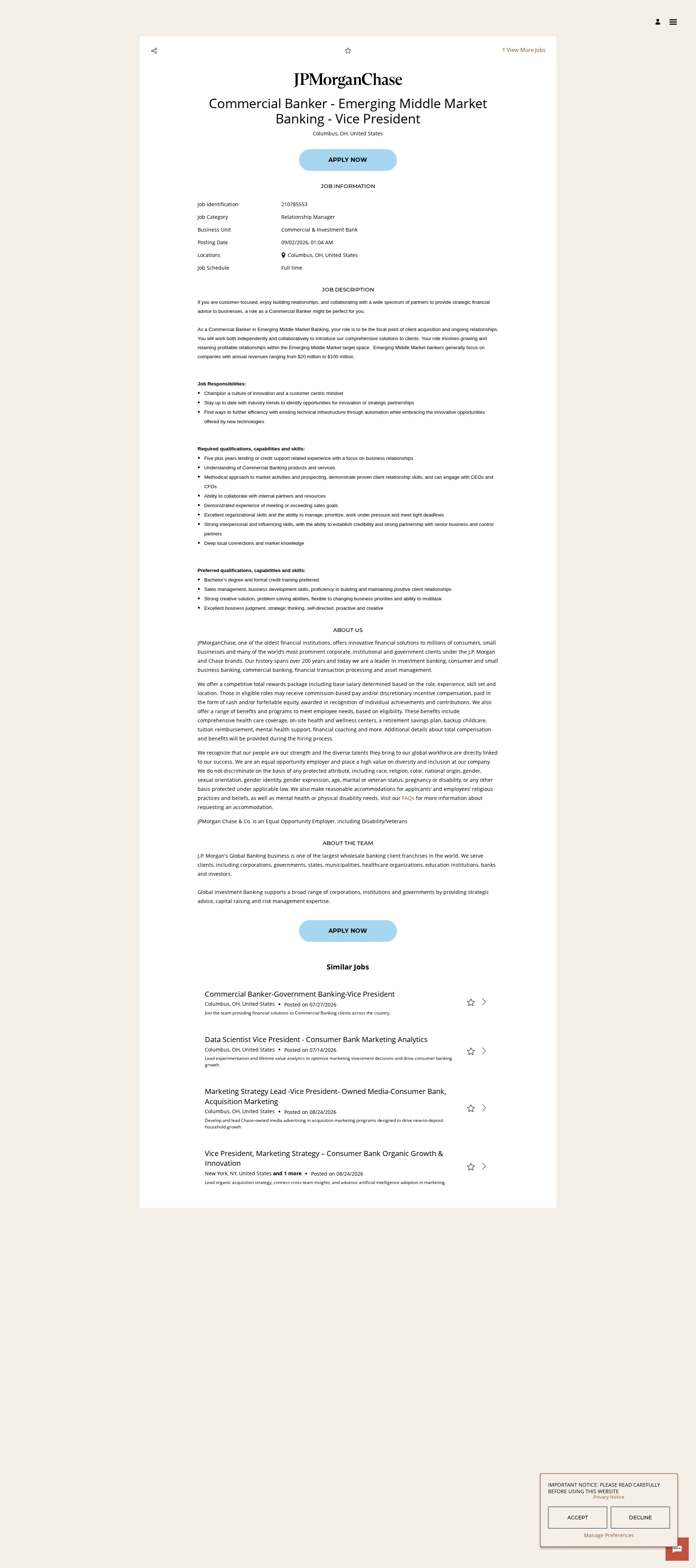 JPMorganChase Commercial Banker - Emerging Middle Market Banking - Vice President 채용공고