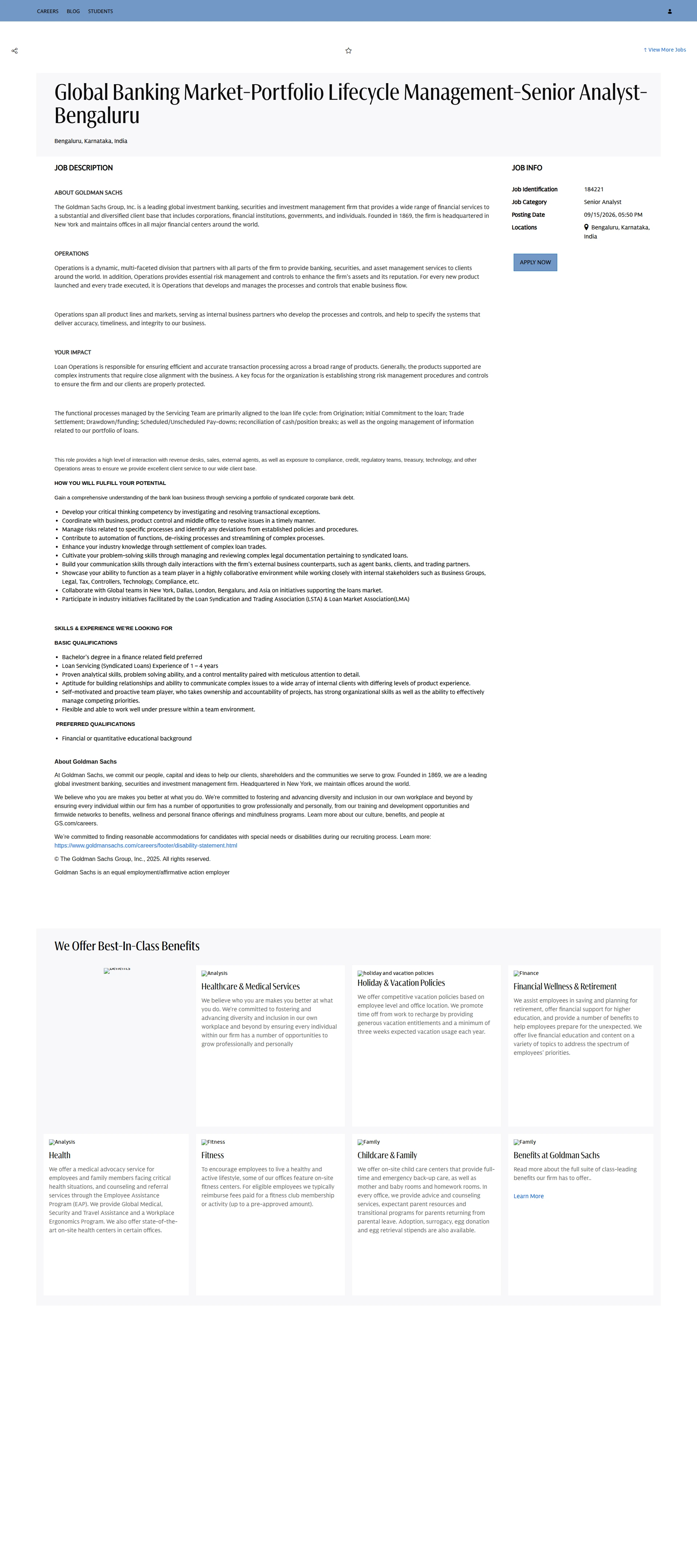 골드만삭스 Global Banking Market-Portfolio Lifecycle Management-Senior Analyst-Bengaluru 채용공고