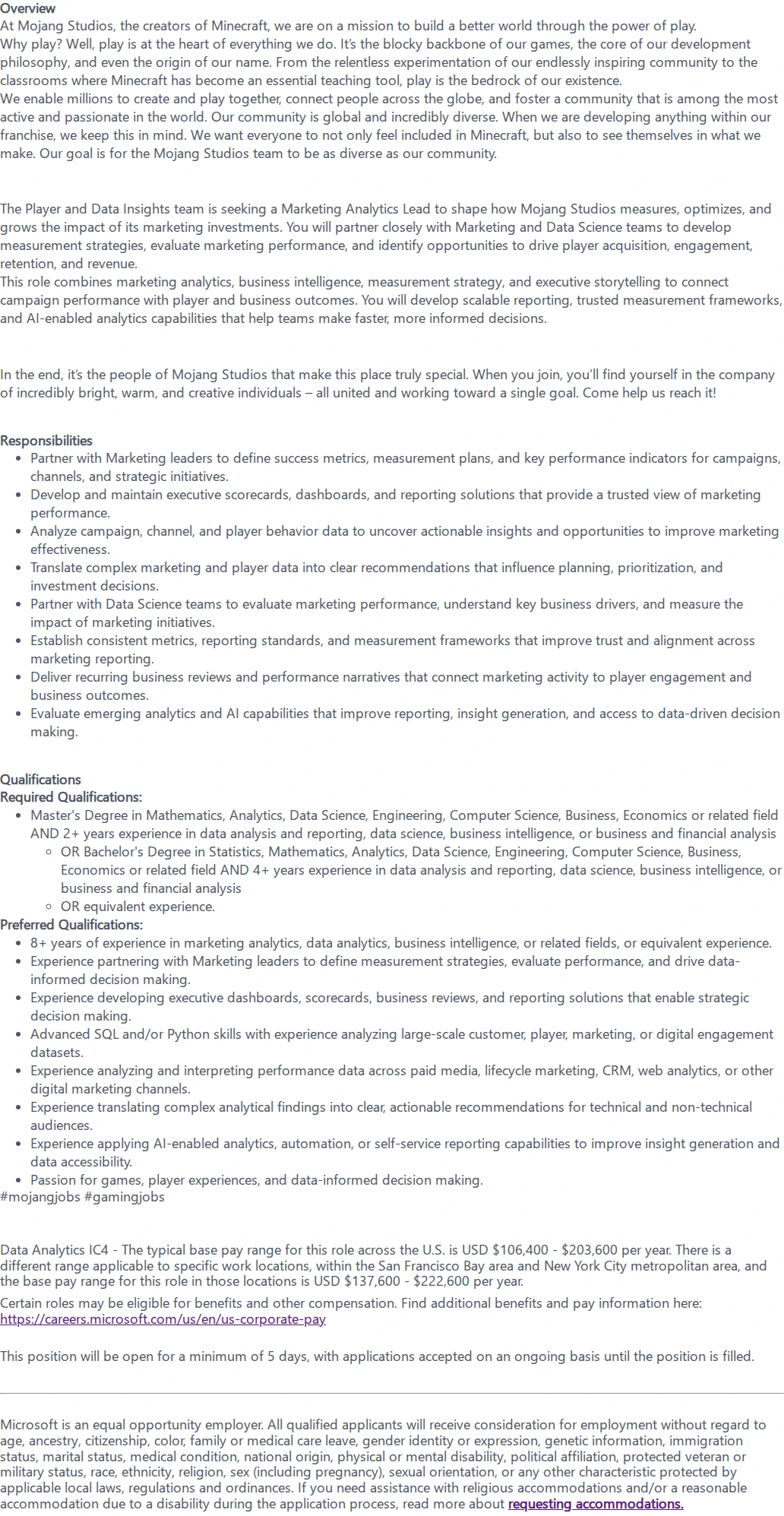 마이크로소프트(Microsoft) Senior Marketing Analytics Lead - Minecraft 채용공고