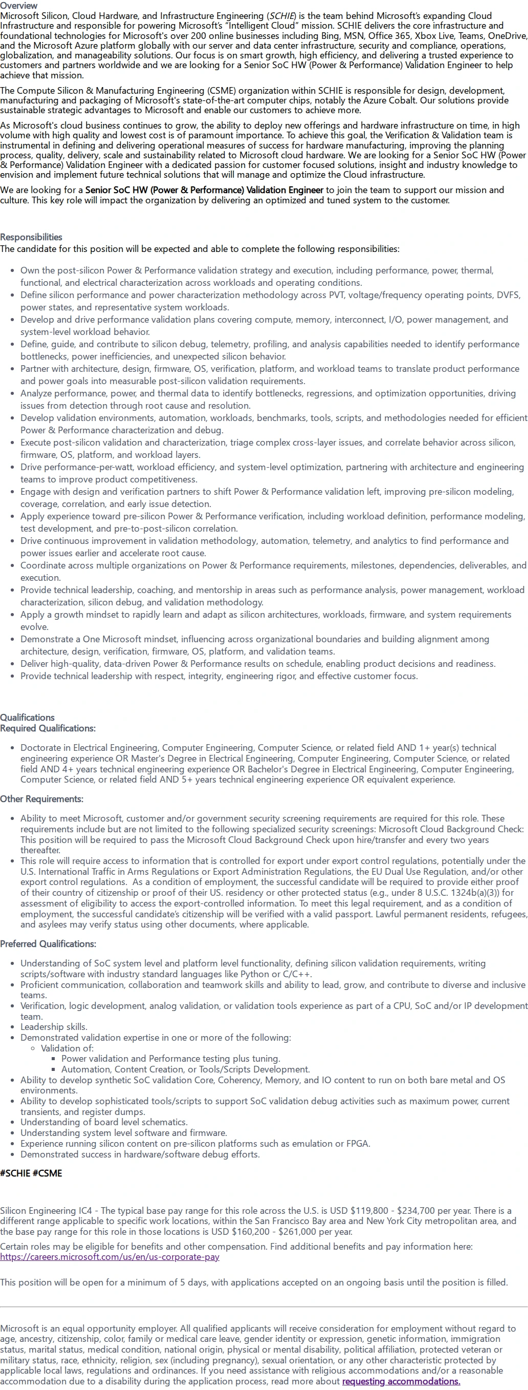마이크로소프트(Microsoft) Senior SoC HW (Power & Performance) Validation Engineer 채용공고