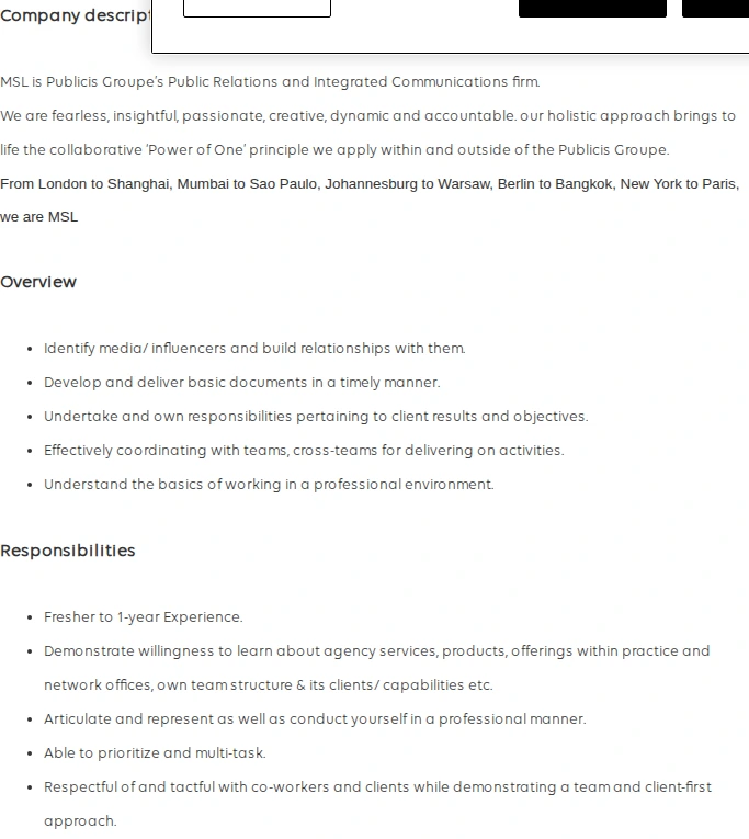 Publicis Groupe PG India - Associate - Account Management 채용공고