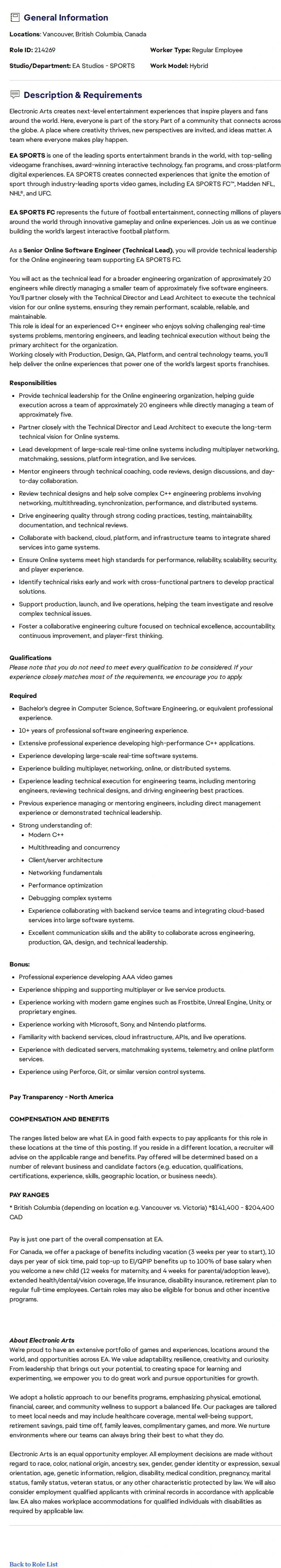 ElectronicArts Senior Online Software Engineer (Technical Lead) – EA SPORTS FC 채용공고