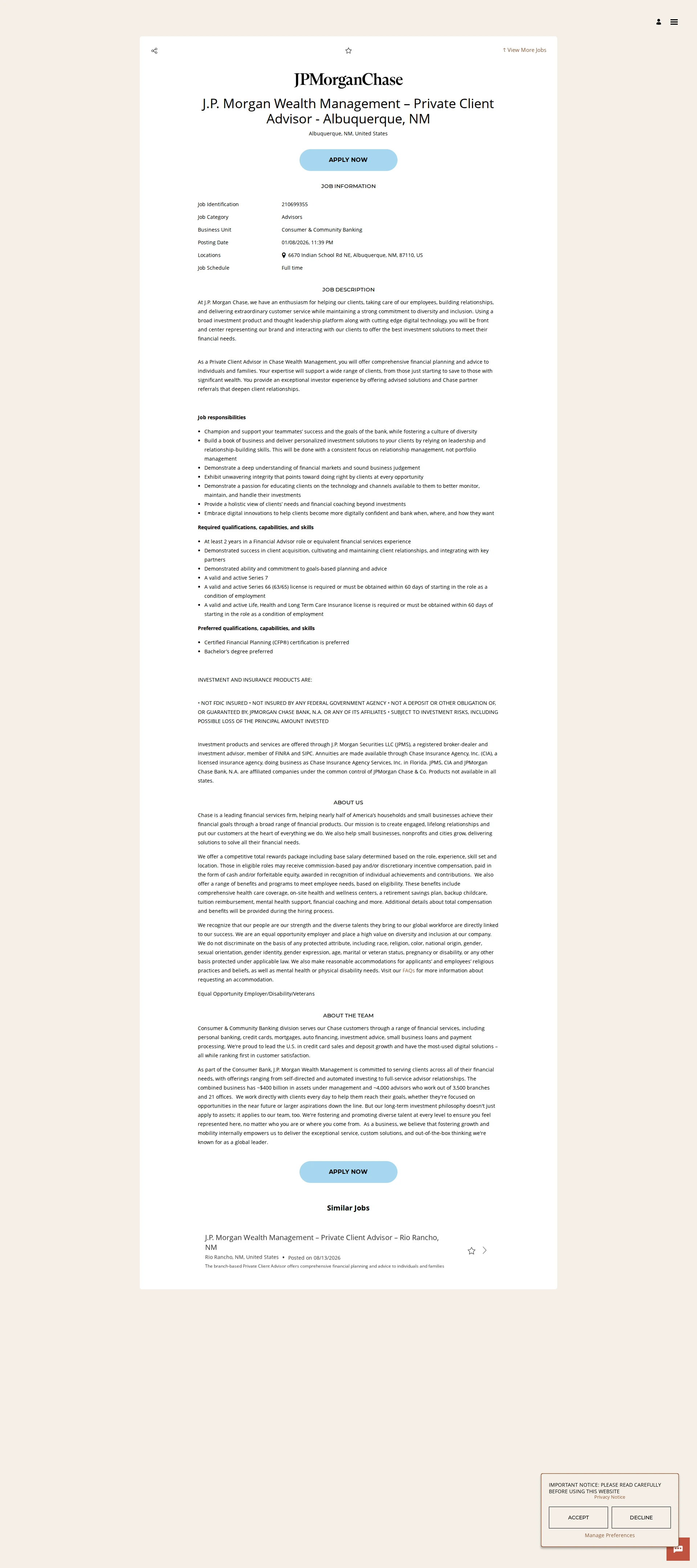 JPMorganChase J.P. Morgan Wealth Management – Private Client Advisor - Albuquerque, NM 채용공고