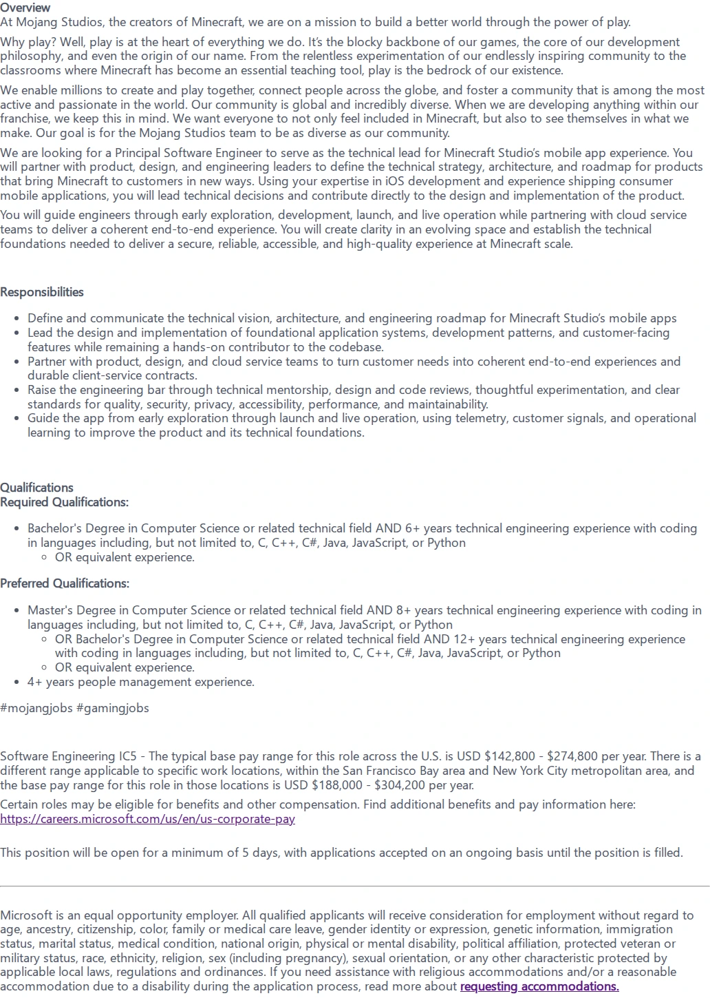 마이크로소프트(Microsoft) Principal Software Engineer, Minecaft Creator - Minecraft 채용공고