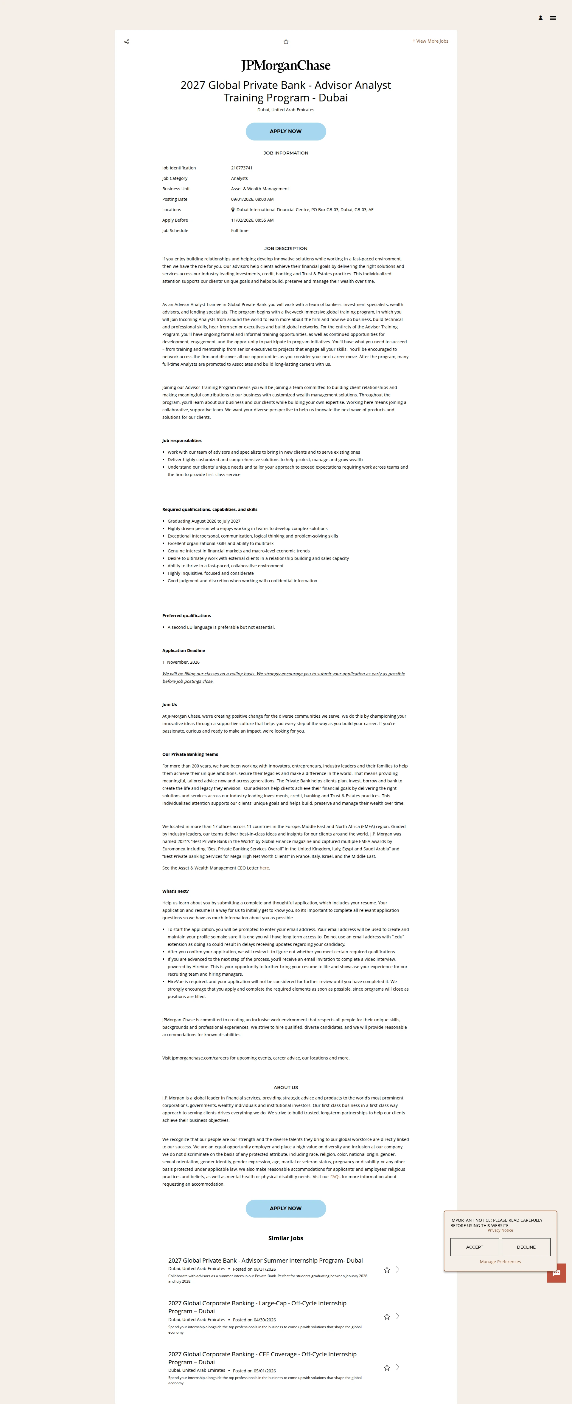 JPMorganChase 2027 Global Private Bank - Advisor Analyst Training Program - Dubai 채용공고
