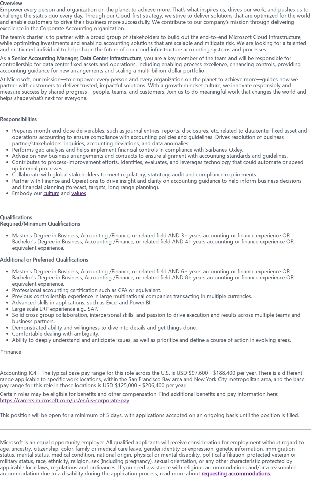 마이크로소프트(Microsoft) Senior Accounting Manager, Data Center Infrastructure 채용공고