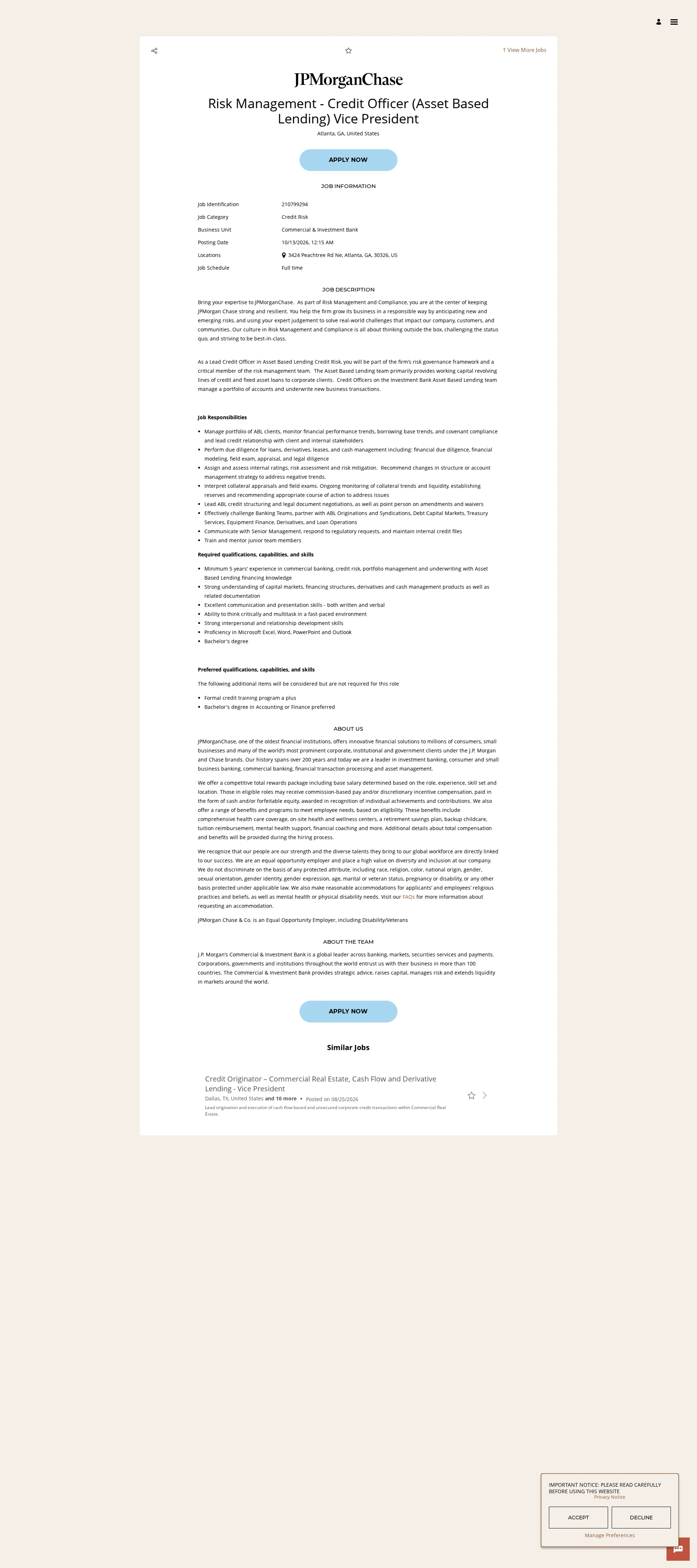 JPMorganChase Risk Management - Credit Officer (Asset Based Lending) Vice President 채용공고