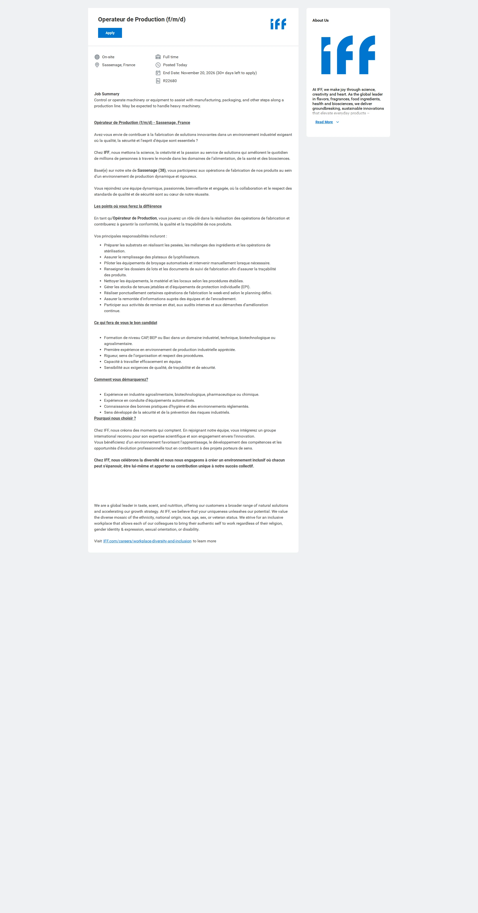 IFF Operateur de Production (f/m/d) 채용공고