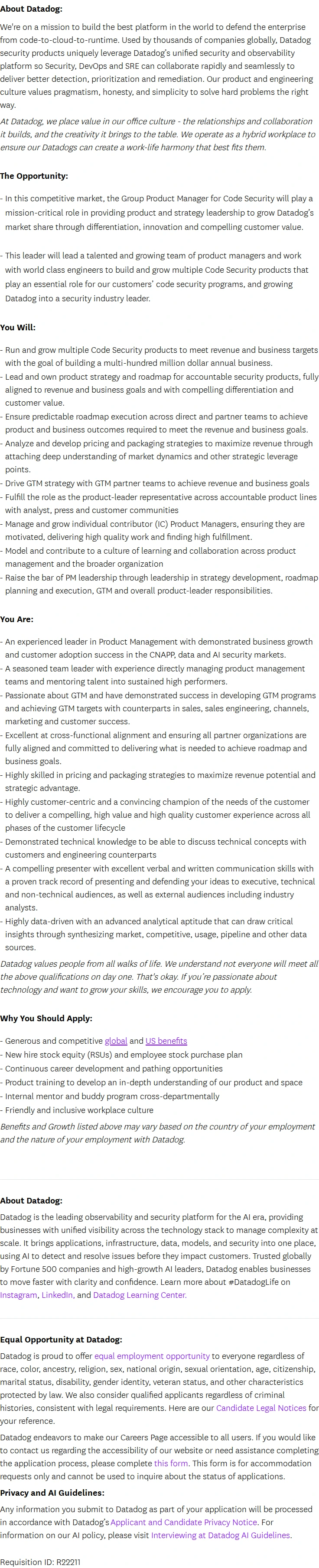 데이터독 Group Product Manager - Code Security 채용공고