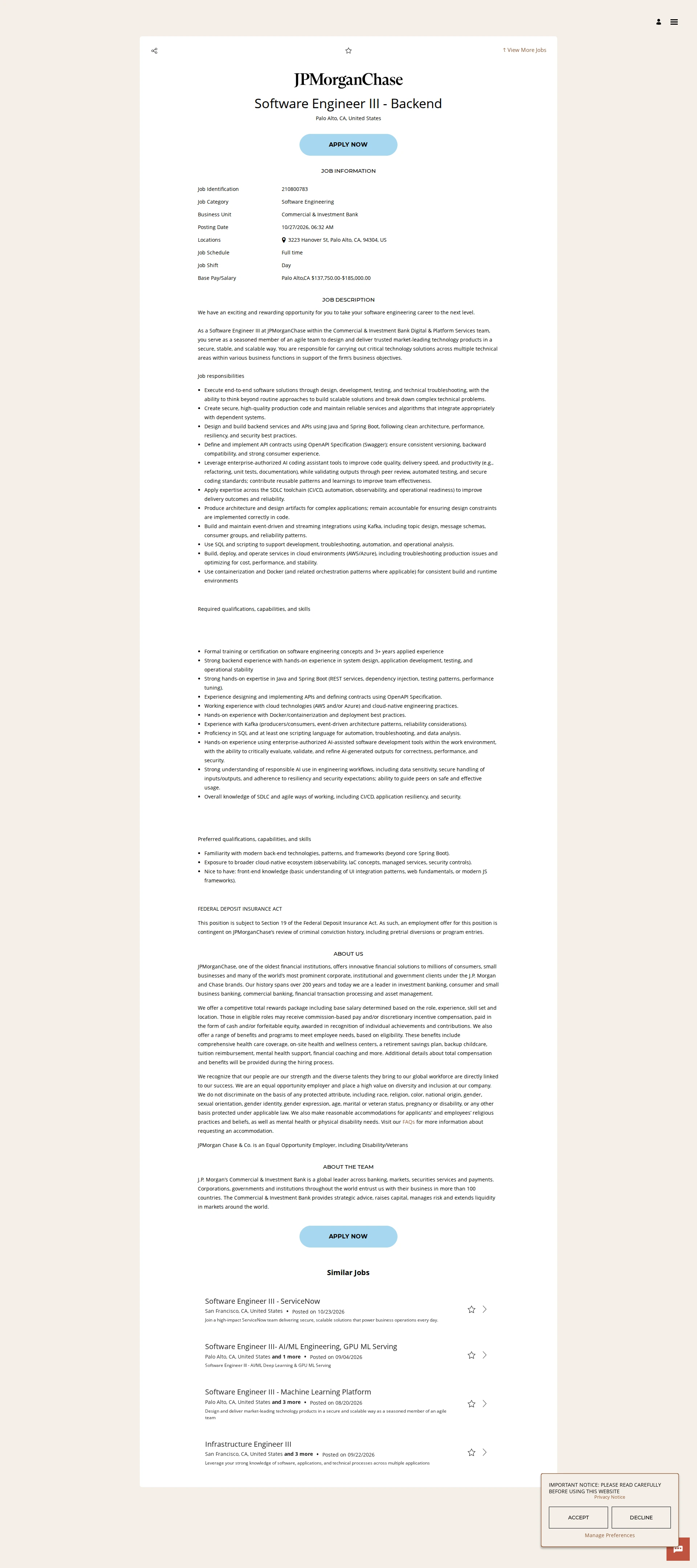 JPMorganChase Software Engineer III - Backend 채용공고