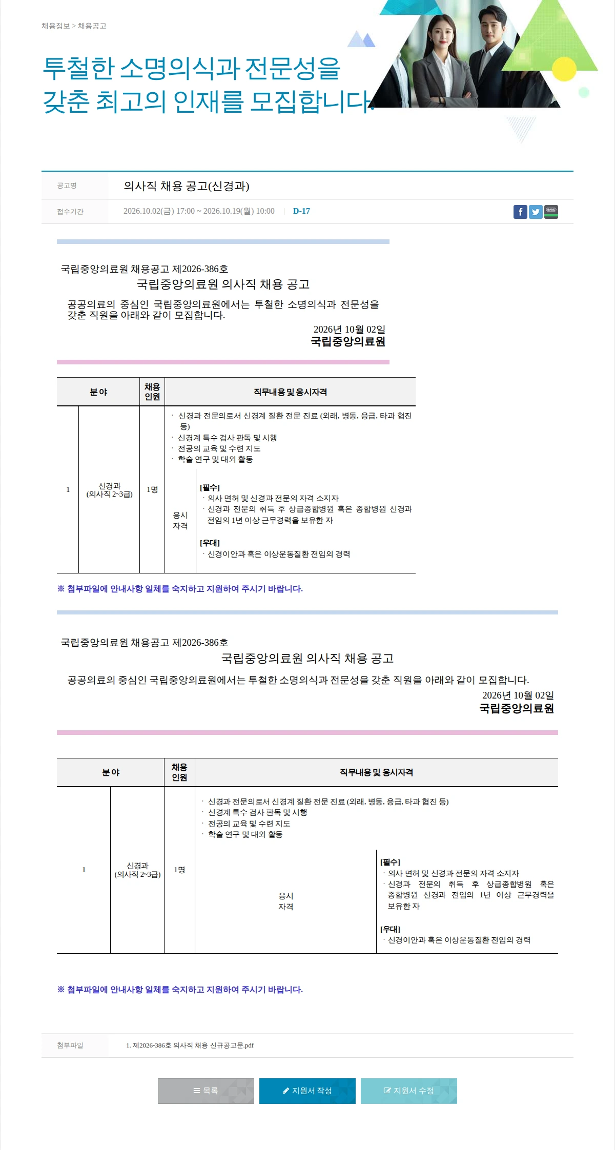 국립중앙의료원 의사직 채용 공고(신경과) 채용공고