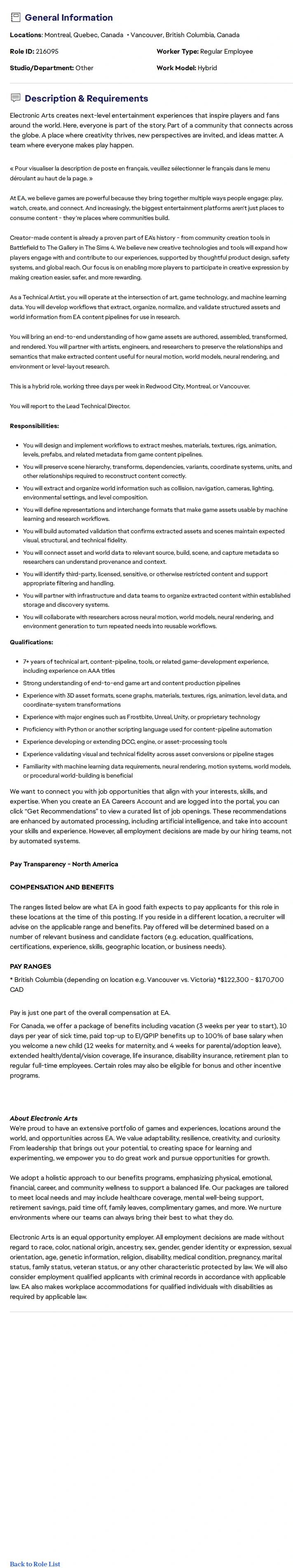 ElectronicArts Artiste technique - Systèmes de données des mondes et des ressources / Technical Artist - Asset & World Data Systems 채용공고