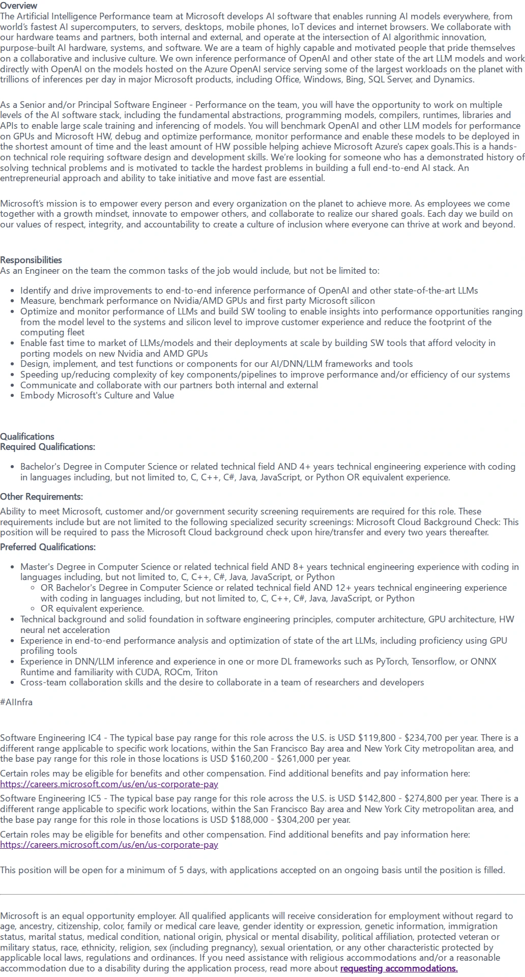마이크로소프트(Microsoft) Senior and/or Principal Software Engineer - Performance 채용공고