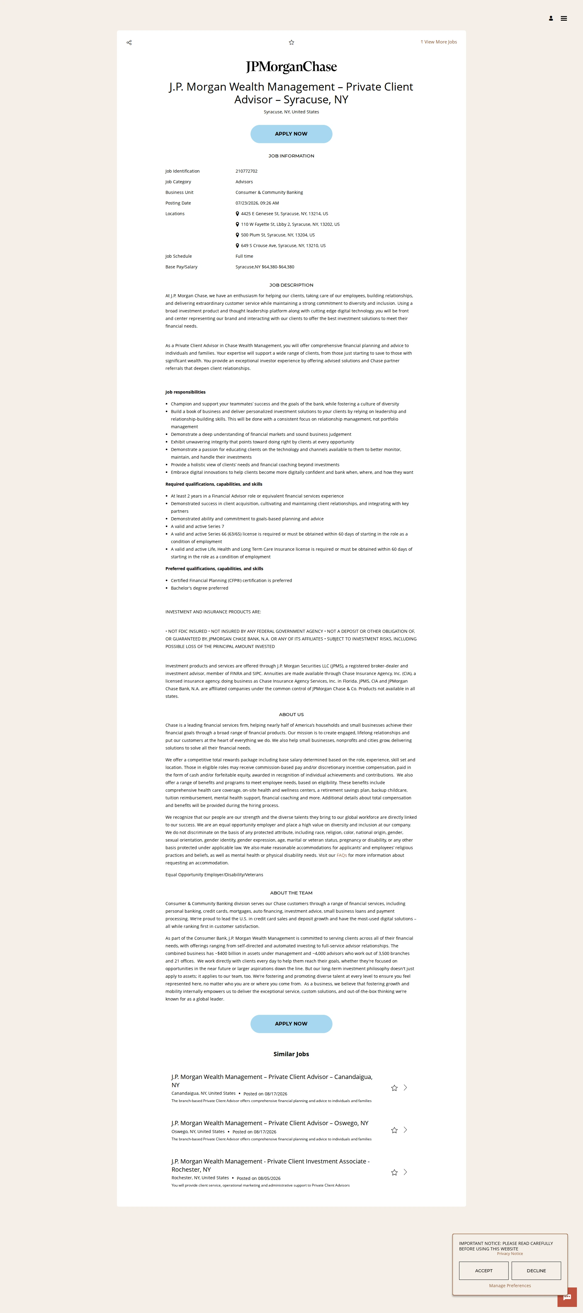 JPMorganChase J.P. Morgan Wealth Management – Private Client Advisor – Syracuse, NY 채용공고