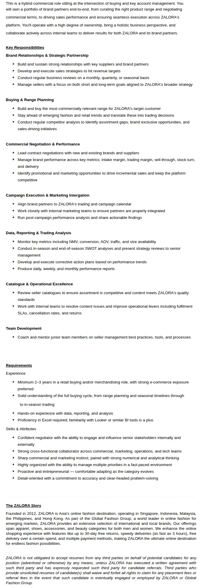 ZALORA SOUTH EAST ASIA PTE LTD Senior Executive Key Account Manager & Buying (Apparel) 채용공고