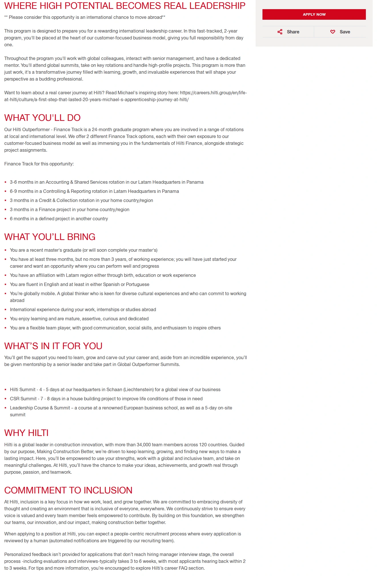 힐티 Global Management Development Program - Outperformer Finance Track 채용공고