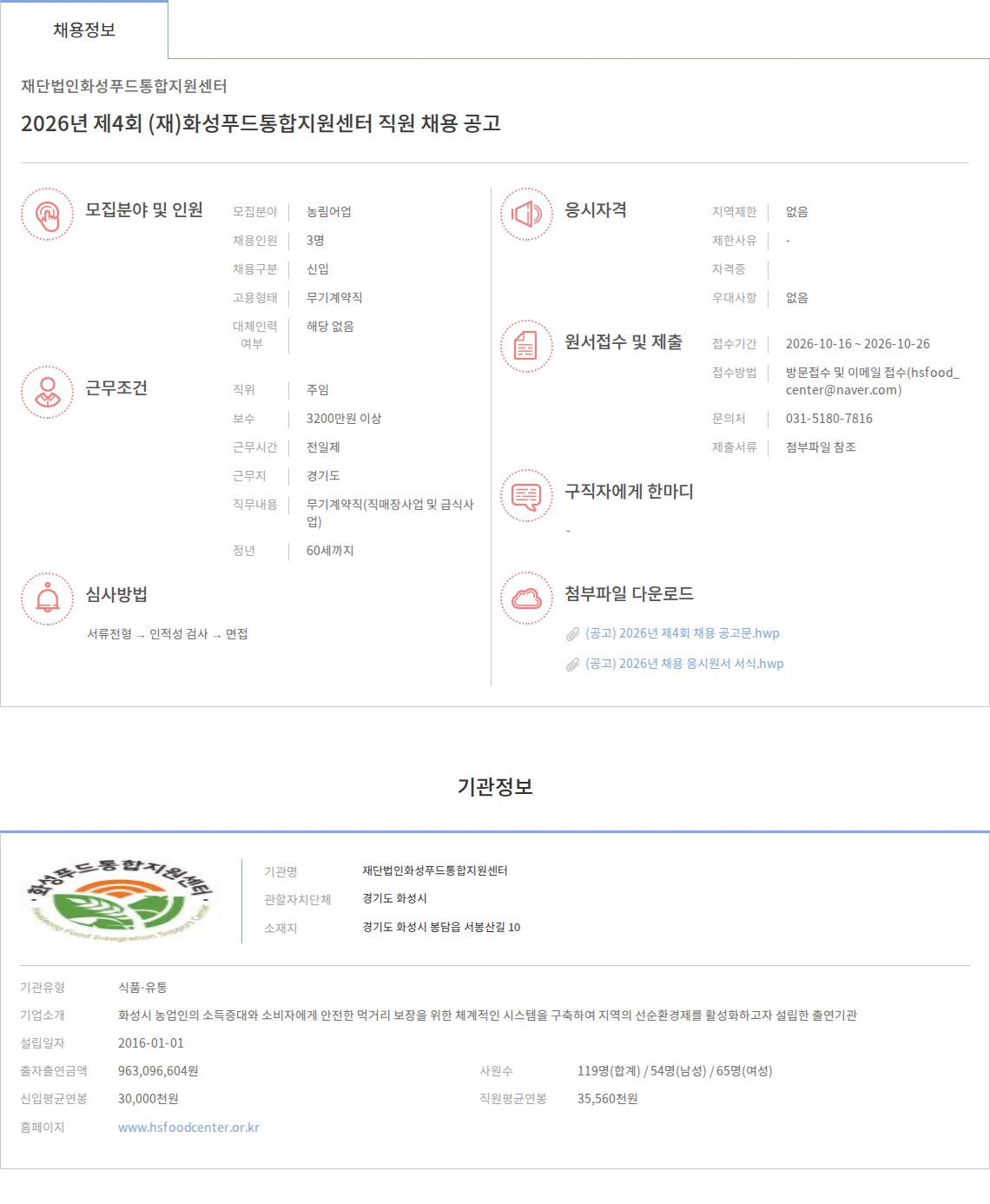 화성푸드통합지원센터 2026년 제4회 (재)화성푸드통합지원센터 직원 채용 공고 채용공고