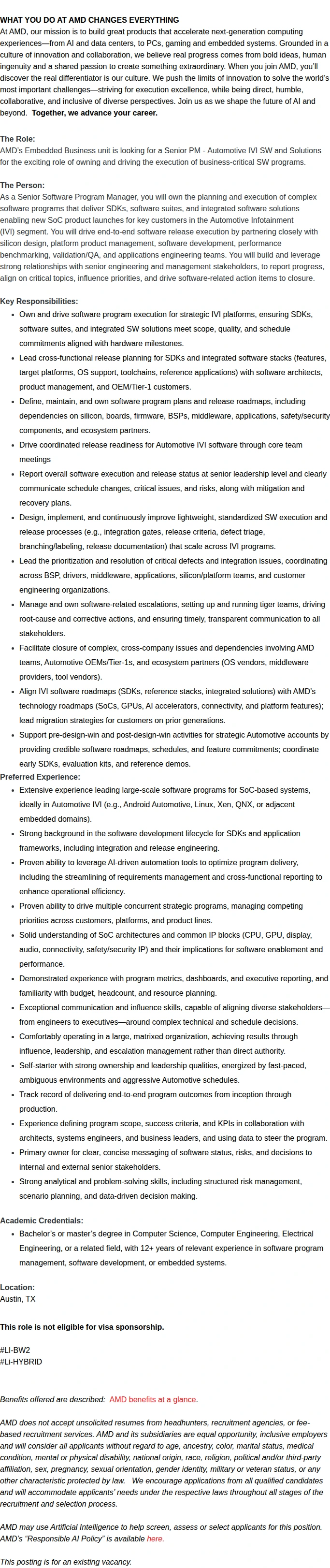 AMD Sr. Automotive Software Program Manager 채용공고