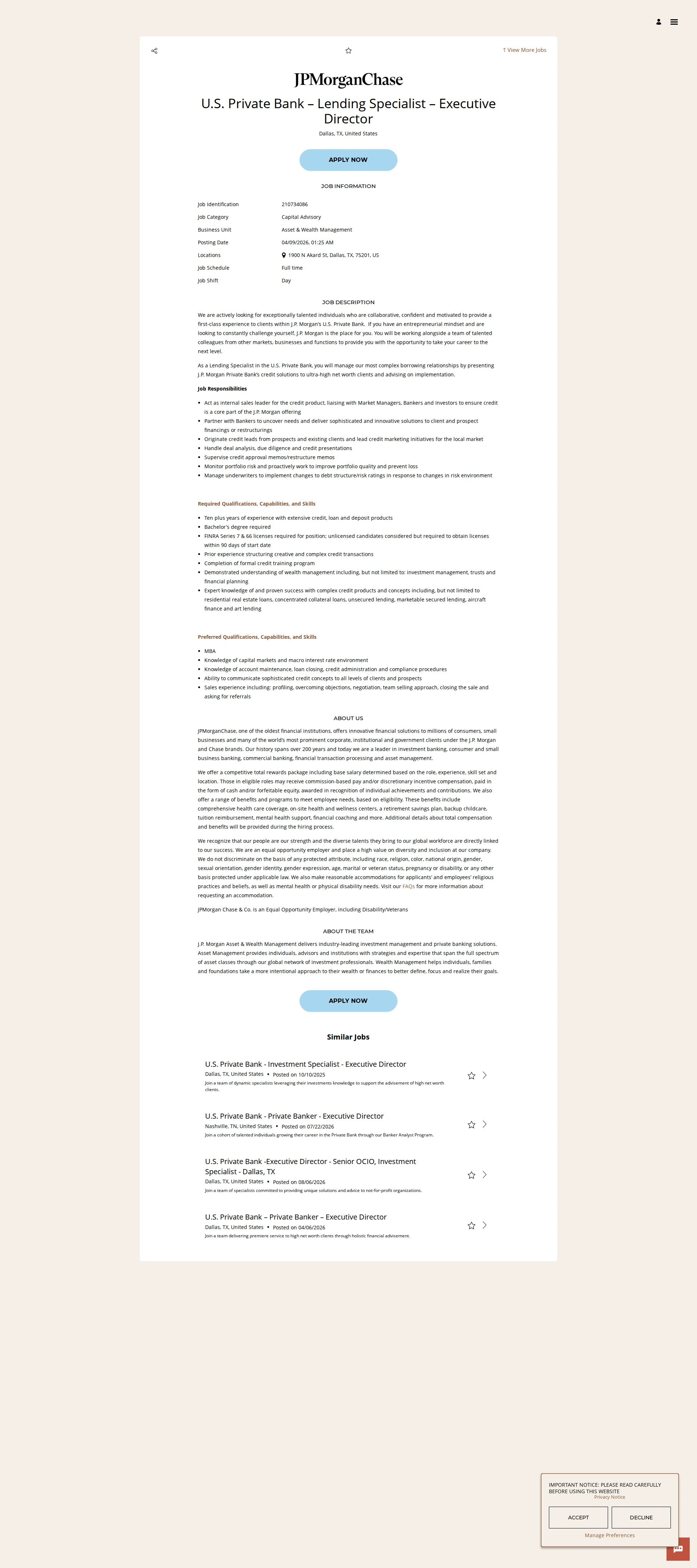 JPMorganChase U.S. Private Bank – Lending Specialist – Executive Director 채용공고