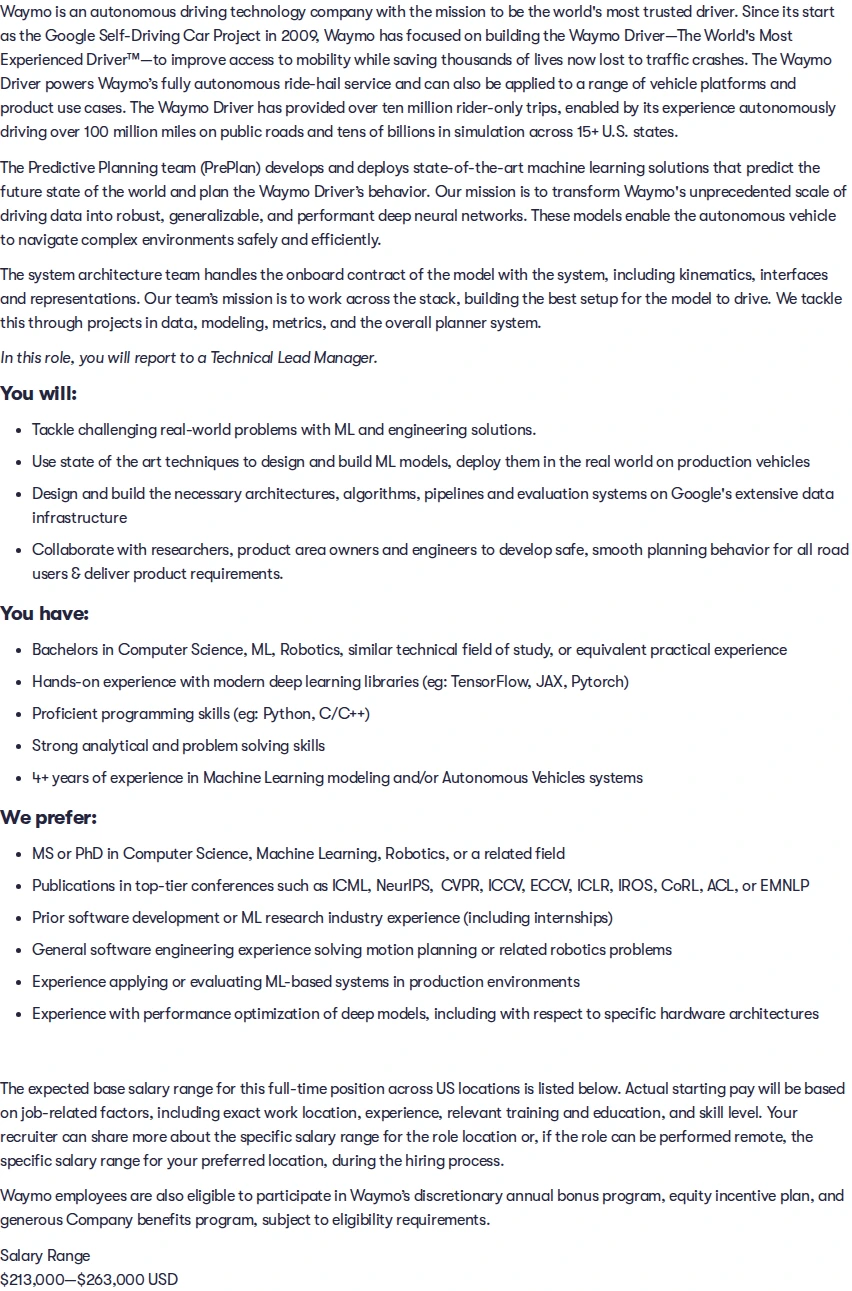 웨이모 Senior Machine Learning Engineer, Predictive Planner, Systems Arch 채용공고