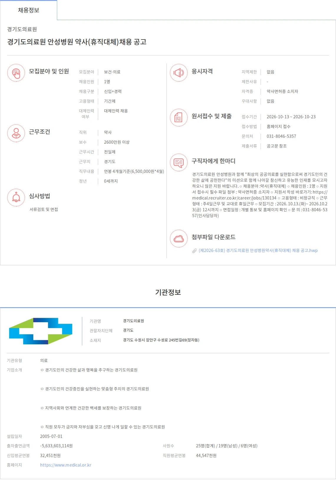 경기도의료원 경기도의료원 안성병원 약사(휴직대체)채용 공고 채용공고