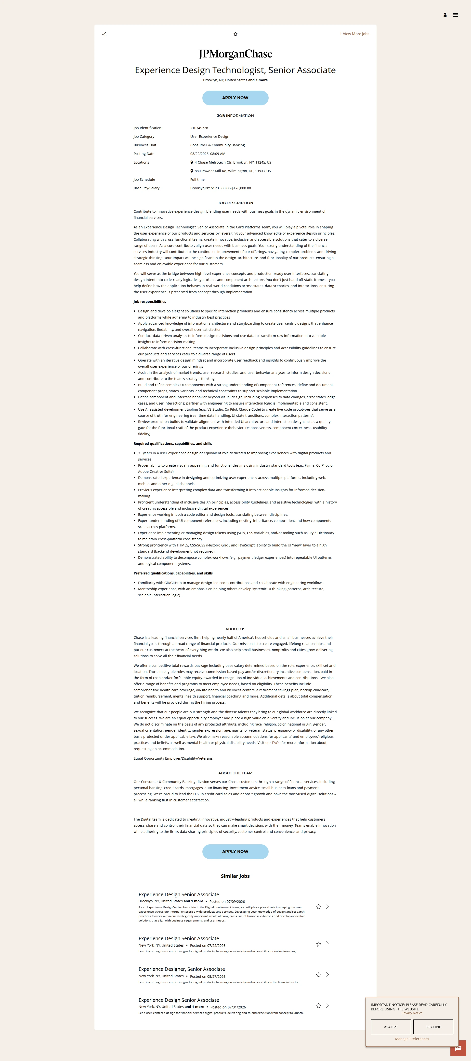 JPMorganChase Experience Design Technologist, Senior Associate 채용공고