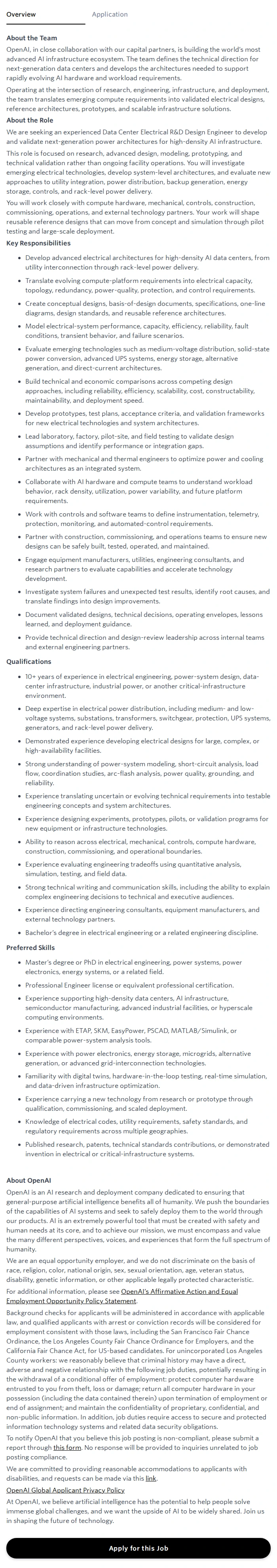 오픈에이아이(OpenAI) Data Center Electrical R&D Design Engineer 채용공고