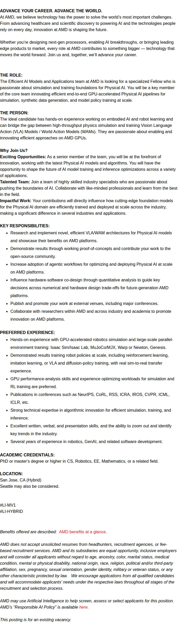 AMD Fellow Engineer, Physical AI 채용공고