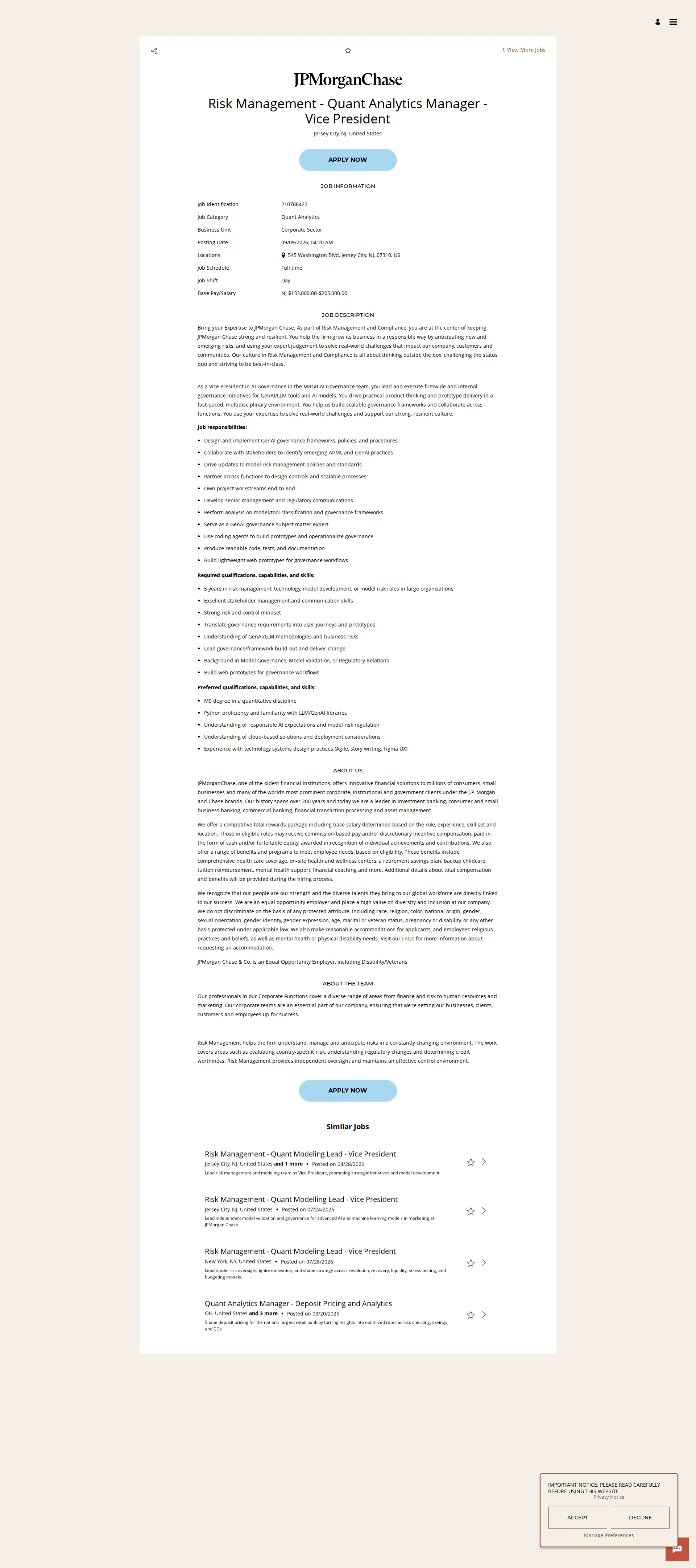 JPMorganChase Risk Management - Quant Analytics Manager - Vice President 채용공고