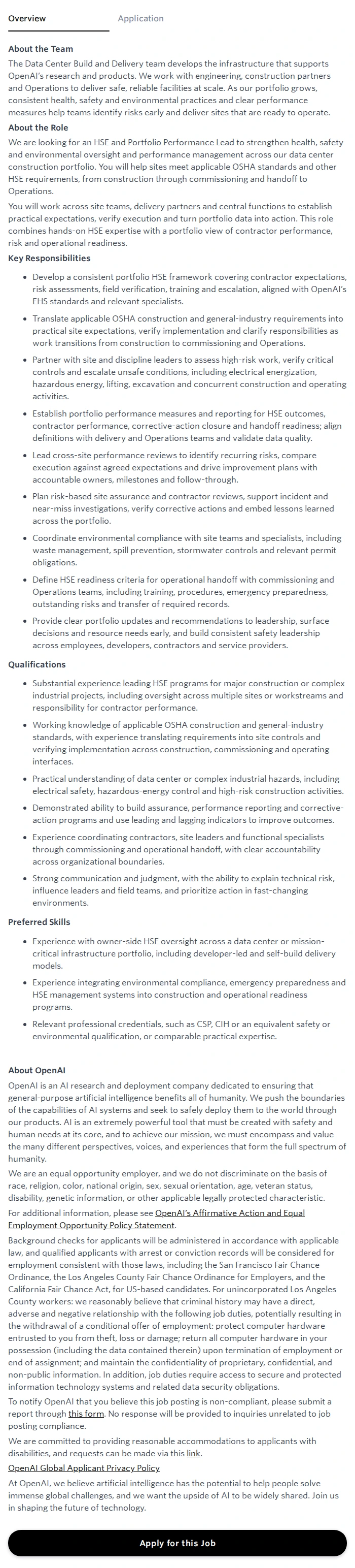 오픈에이아이(OpenAI) HSE and Portfolio Performance Lead 채용공고