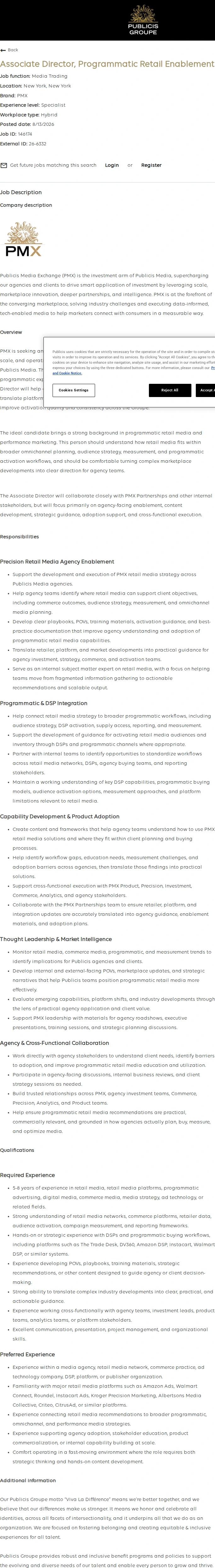 Publicis Groupe Associate Director, Programmatic Retail Enablement 채용공고